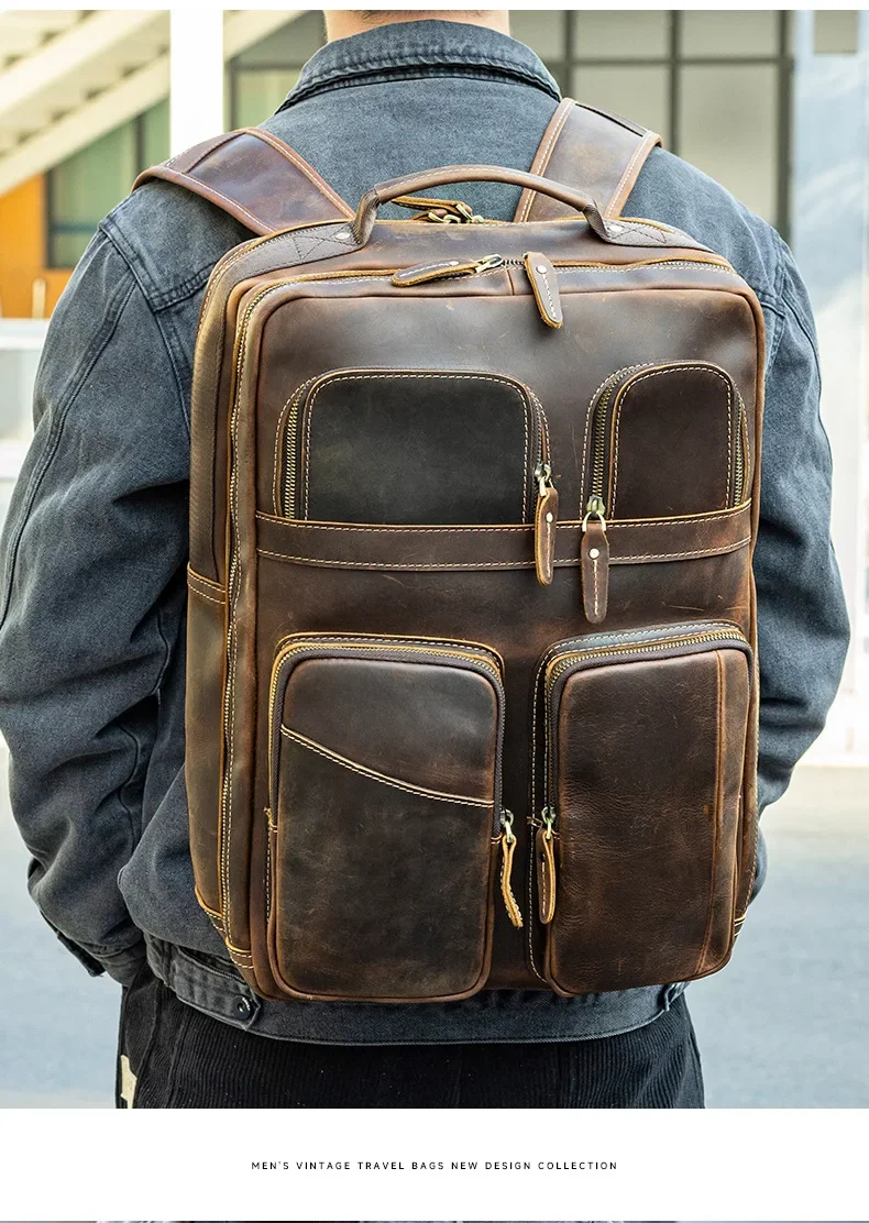Vintage Crazy Horse Leather Men's Backpack with Large Capacity for Business Travel and 17-inch Laptop