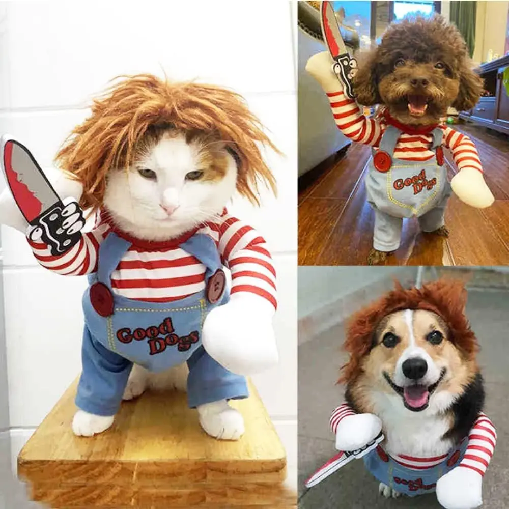 Halloween Dog Cosplay Chucky Costume Pet Dress Up Cats Dogs Clothes for Small Dogs Boy Wig Hat Halloween Cosplay Christmas Party