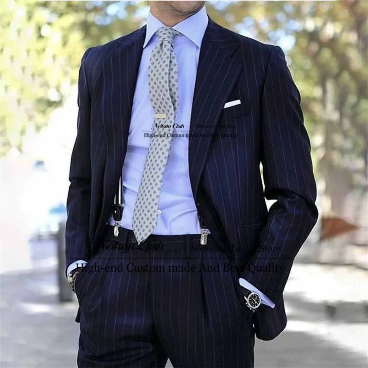 

New Navy Blue Men Suits Notched Lapel Groom Wedding Tuxedos Pinstripe 2 Pieces Sets Male Prom Blazers Slim Fit Costume Homme