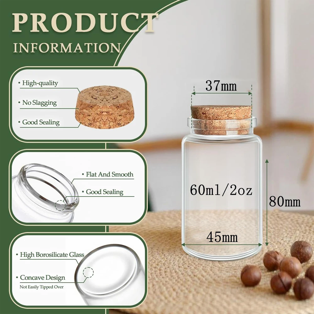 60ml Glass Bottles Cork Stoppers DIY Decoration Mini Glass Vials Cork Message Glass Bottle Vial Cork,Small Glass Bottles Jars 2
