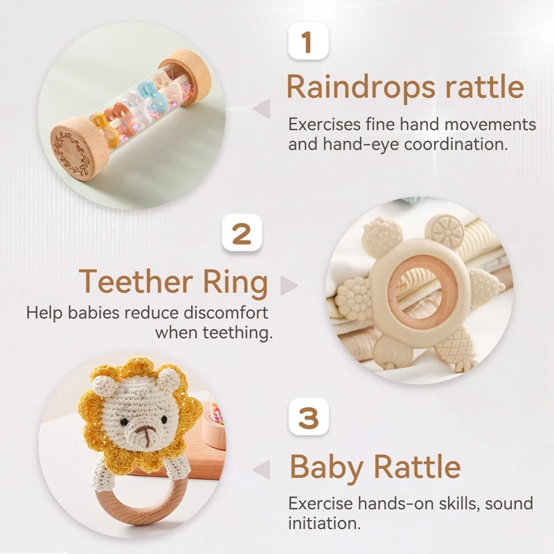 Rain Stick Rainbow Hourglass Rattle Toys Set BPA Free Silicone Soothing Toys Crochet Animal Wooden Bracelet Teether 3pcs teething toys silicone teething toys
