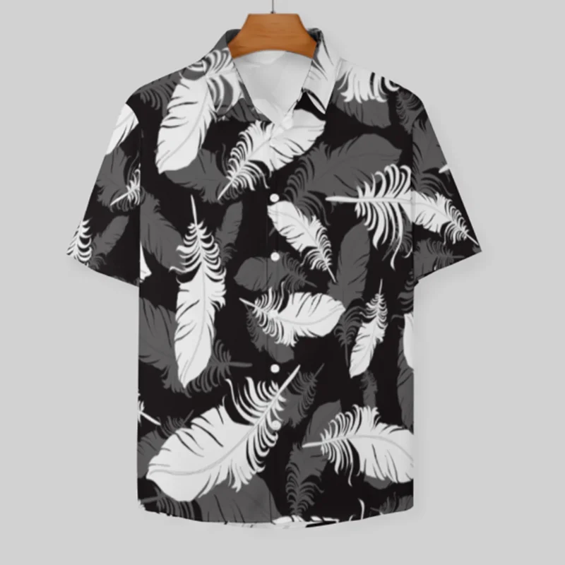 European and American short-sleeved shirts, fashionable feather print shirts, trendy men's casual, versatile summer thin styles