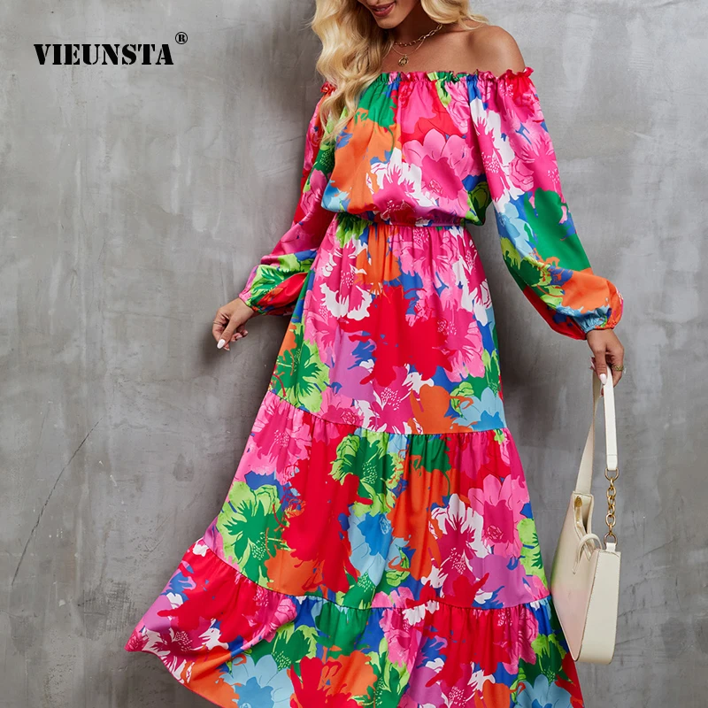 

Fashionable Elegant Women's Dress Autumn Winter One Line Neck Elastic Waist Print Bohemian Style Big Swing Skirt For Womens 2023