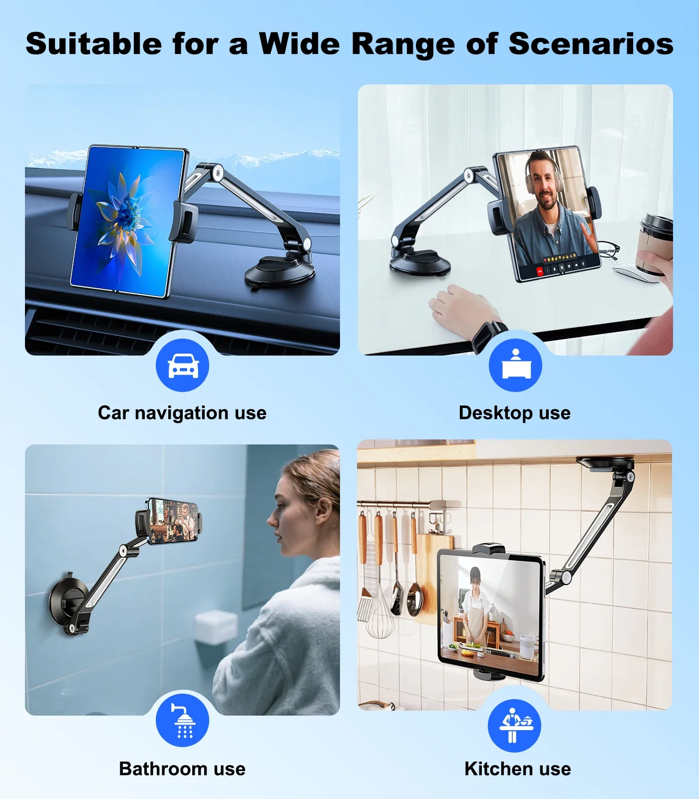 Eary Long Extension Arm Car Tablet Holder Phone Stand Strongest Suction Cup With 360°Rotate Universal for iPad 4.7-12.9" Inches
