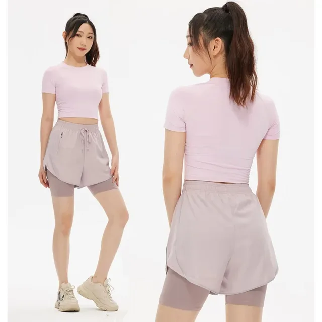 High Waist 2 in 1 Anti-Exposed Gym Sport Shorts Women Quick Dry Badminton Running Tennis Cycling Shorts with Zipper Pocket