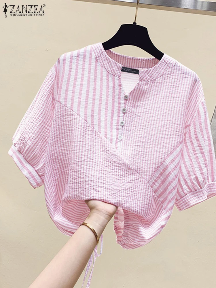 Stylish striped summer shirts for women, work blouse with a half-sleeve neckline, loose casual blouses with a tie, oversized blouses.
