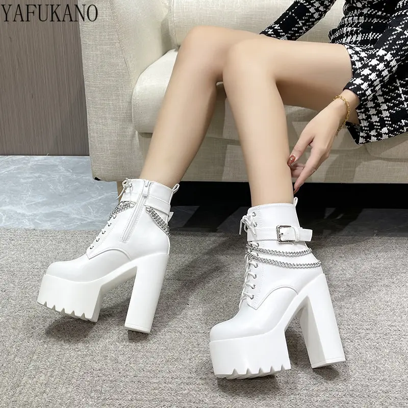 

Metal Chain Decor Platform Thick Heel Short Boots Sexy Nightclub Catwalk Show Shoes 14Cm Super High Heels Women Ankle Boots 39
