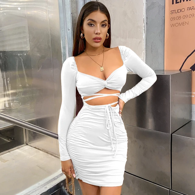 Women Sexy Long Sleeve V-neck Mini Dress Hollow Out Party Solid Color Backless Bodycon Evening Dresses Ladies Fashion 2023 1