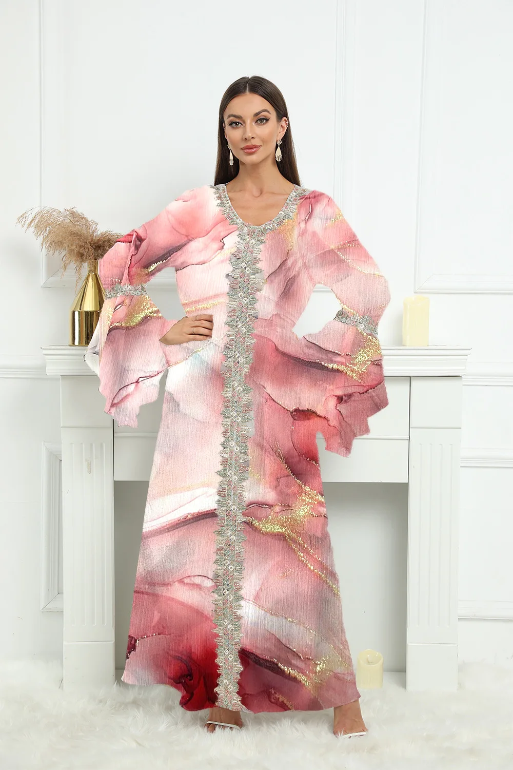 

XUAN PhD Middle East Abaya Summer Fashion High-end Women's Elegant Gilded Lace Muslim Robes New Floral Dress Women's Clothing
