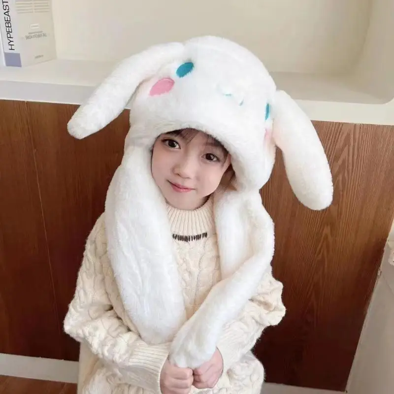 

Kawaii Sanrioed Cinnamoroll Sweet Cute Cartoon Rabbit Ears Hat with Moving Ears Air Bag Pinch Warm and Cold-Proof Plush Scarf