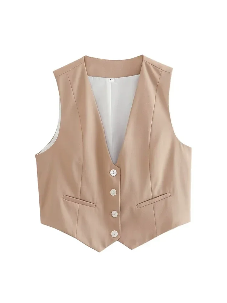 Aoaiiys Vest Women Cropped Waistcoat Fashion Front Buttons Tops Vintage V Neck Sleeveless Female Outerwear White Chic Vests New 2