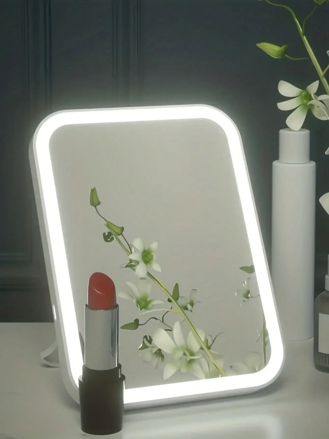 LED portable desktop  4 AA dry batteries dormitory makeup mirror with light, square student folding mirror powered by USB or