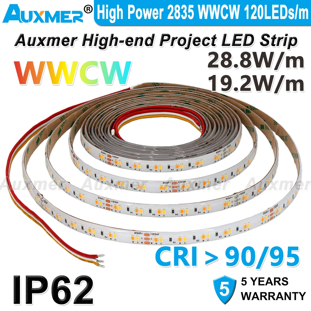 

High Power 2835 CCT LED Strip Lights,120LEDs/m,CRI95/90,IP62 Waterproof WWCW Adjustable Led Light Tape Ribbon,12/24V Home Decor