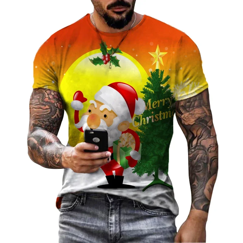 

2024 Christmas Men's Clothing Santa Claus Collection 3D Printed T-shirt with Round Neck Sports Leisure Fitness Short Sleeve Top