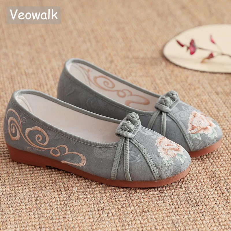 Veowalk Flower Embroidered Women Jacquard Ballet Flats Soft Slip On