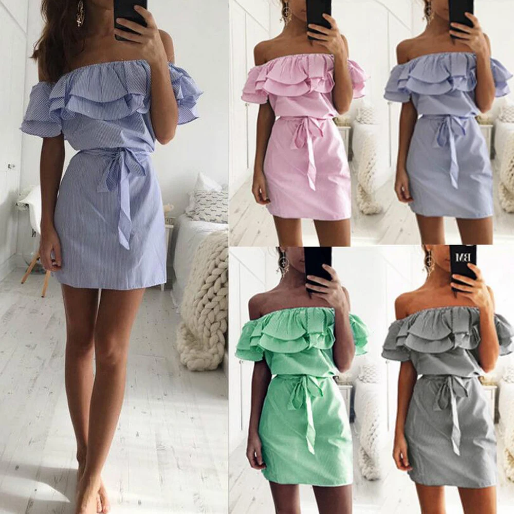 

Off Shoulder Ruffles Striped Dress Women Bow Lace Up Sexy Strapless Beach Holiday Sundress Casual Mini Party Dress Robe Vestidos