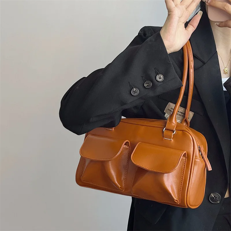 Vintage Women Business Shoulder Bags Simple Ladies Commute Tote Bag Pu Leather Female Underarm Bag Burgundy Large Handbags Purse shoulder bag ladies handbag underarm bag
