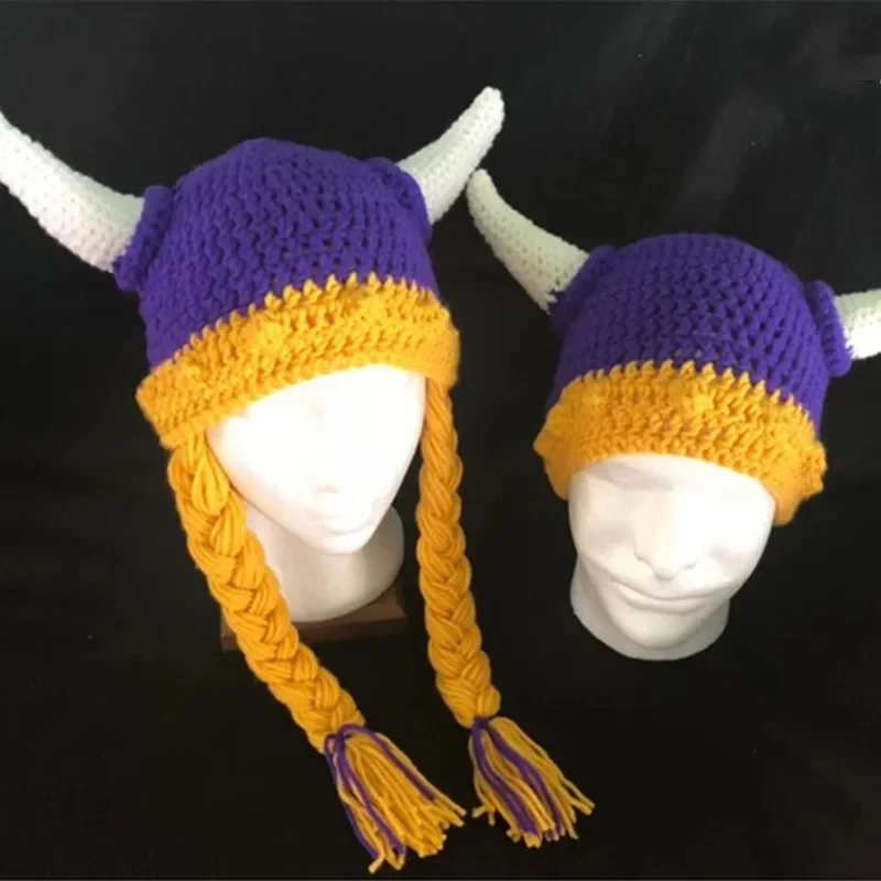 

Autumn Winter Vikings Beanies Eyes Women Skullies Horn Handmade Knitted Winter Hat Warm Halloween Beanies Solid Men Caps Bonnets