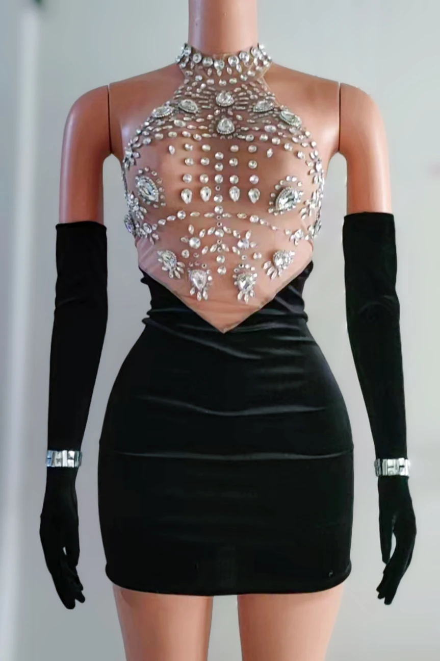 

Black Velvet Gloves Sexy Stones Dress Evening Dance Female Singer Outfit Birthday Celebrate Costume Transparent Dress