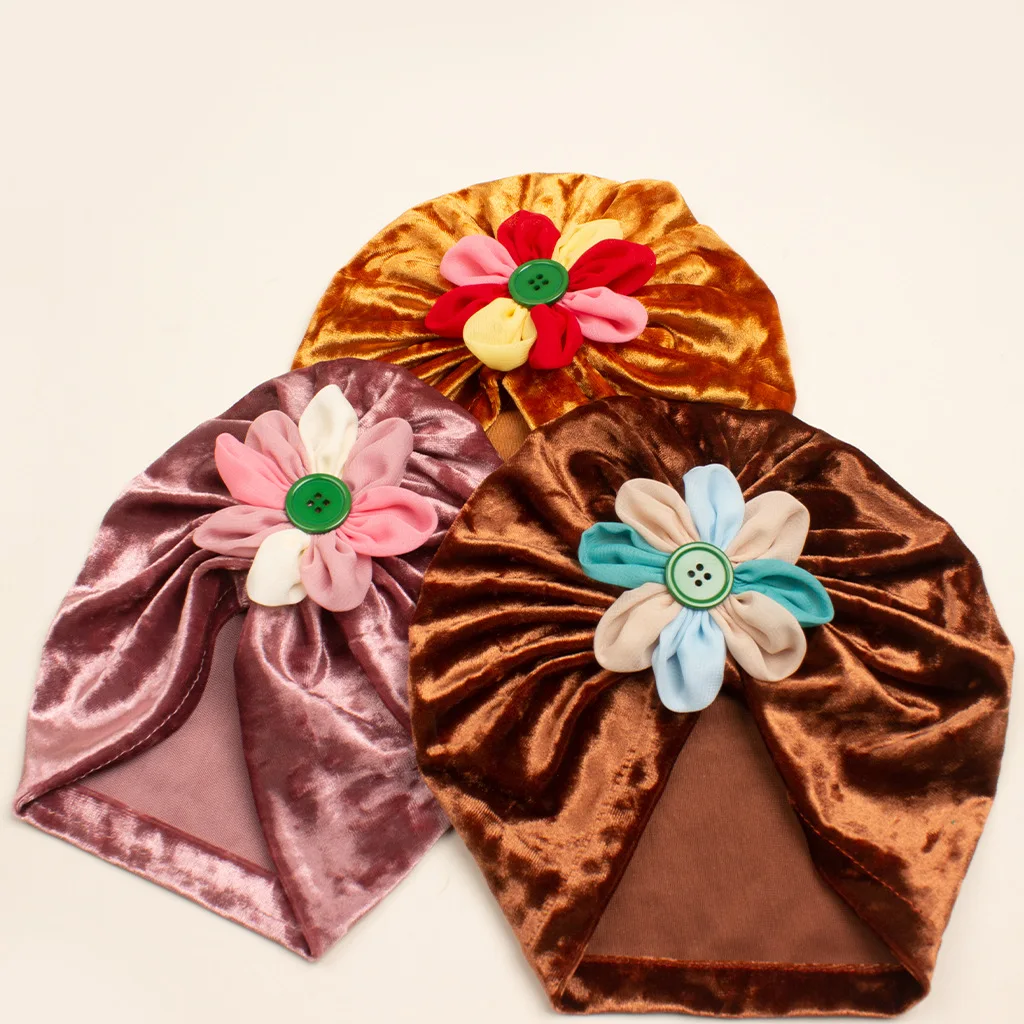 

Solid Velour Baby Beanies Flower Winter Stretch Turban Knot Head Wrap Velvet Hat India Cap Newborn Hair Accessories Bandana