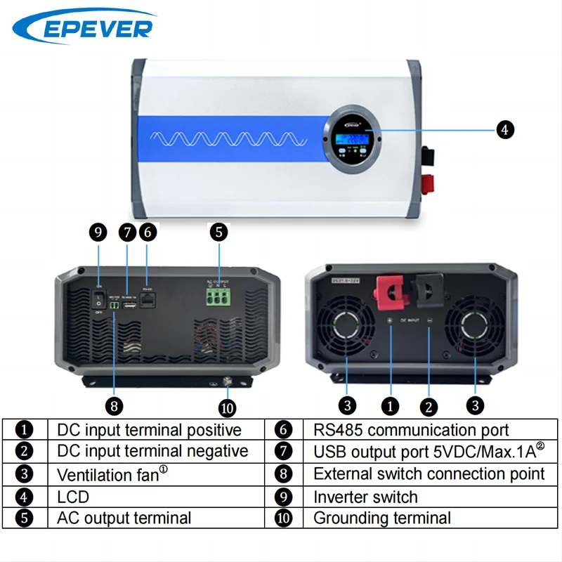 EPEVER 순수 사인파 인버터 LCD 디스플레이, AC 출력, 그리드 태양광 인버터, 3000W, 12V, 24V, 48VDC 입력, 100-120V, 220-240V