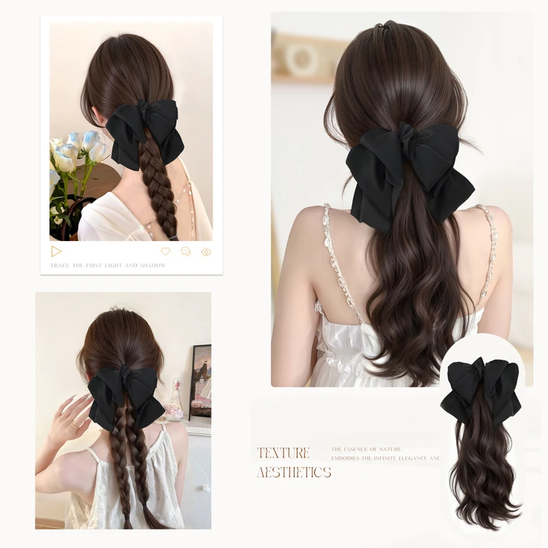 Wavy Hair Ponytail with Black Bow Wig Synthetic Claw Clip Wavy Ponytail Extensions Hairpiece with Removable Bow for Women Use