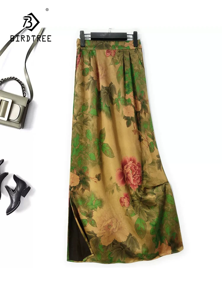 

BirdTree, 50MM Real Silk XiangYunSha Skirt, Women High Waisted Printed, Retro Elegant Hip Wrap Skirt, 2024 Summer New B44476QC