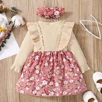 PatPat 2pcs Baby Ribbed Ruffle Long-sleeve Splicing Floral Print Corduroy Dress Set Soft and Comfortable Basic Style 2