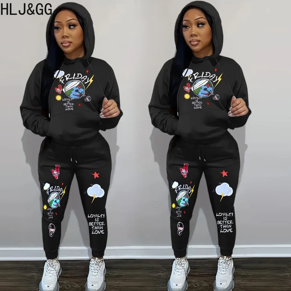 HLJ&GG Black Casual Pattern Print Hooded Two Piece Sets Women O Neck Long Sleeve Sweatshirt And Jogger Pants Tracksuits Outfits