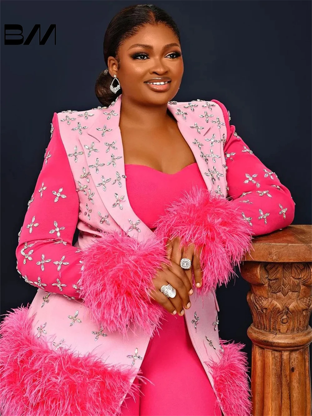Super Long Pink Feather Slim Fit Pants Suits Set for Women, Wide Leg, Custom Made, Office Lady Party, Prom Dress, Fashion, 2024