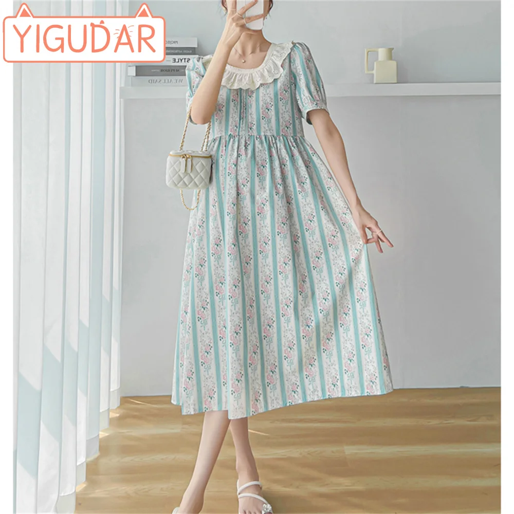 

Maternity clothes 2024 new summer dress French sweet lace lace lace slimming floral dress design short sleeved skirt for women