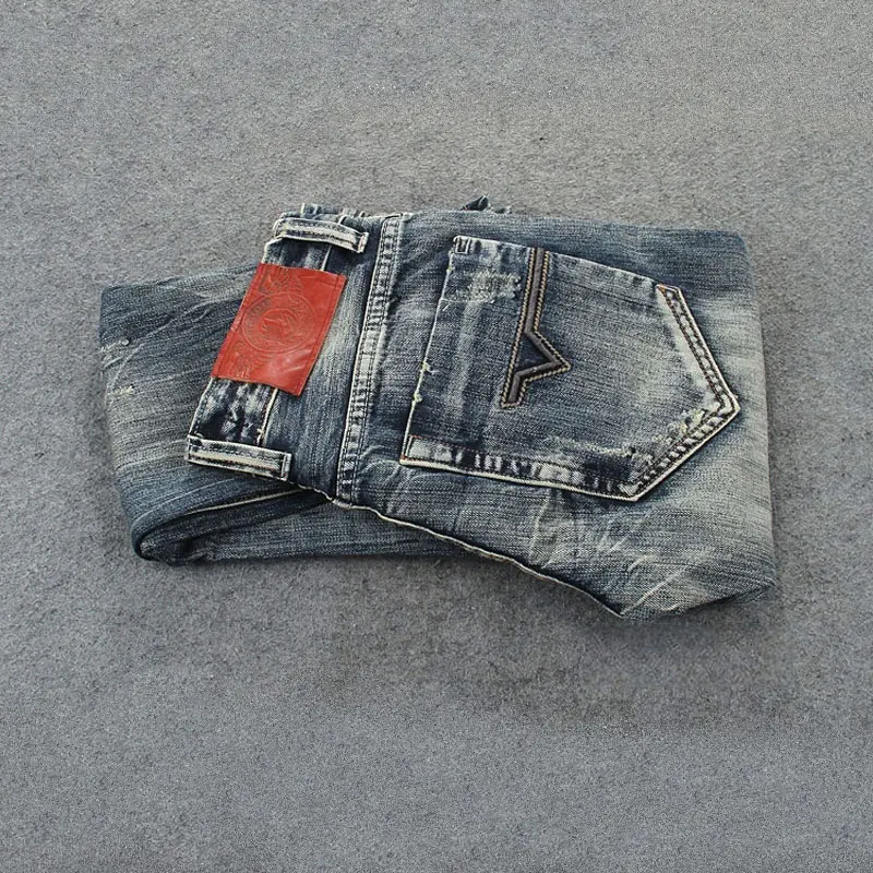 Streetwear Fashion Men Jeans Retro Washed Blue Stretch Slim Fit Patched Ripped Jeans Men Embroidery Designer Vintage Denim Pants