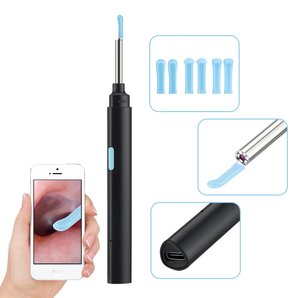 Ear Wax Cleaner High Precision Ear Wax Removal Tool with Camera 6 LED Lights Wireless Otoscope Smart Ear Cleaning Kit USB Charge