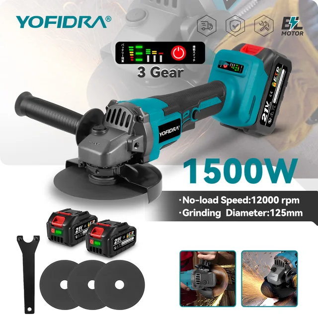 Meuleuse d'angle électrique sans fil YOFIDRA 125 mm, 3 vitesses variables, pour le travail du bois et la découpe, compatible avec les batteries Makita. 1