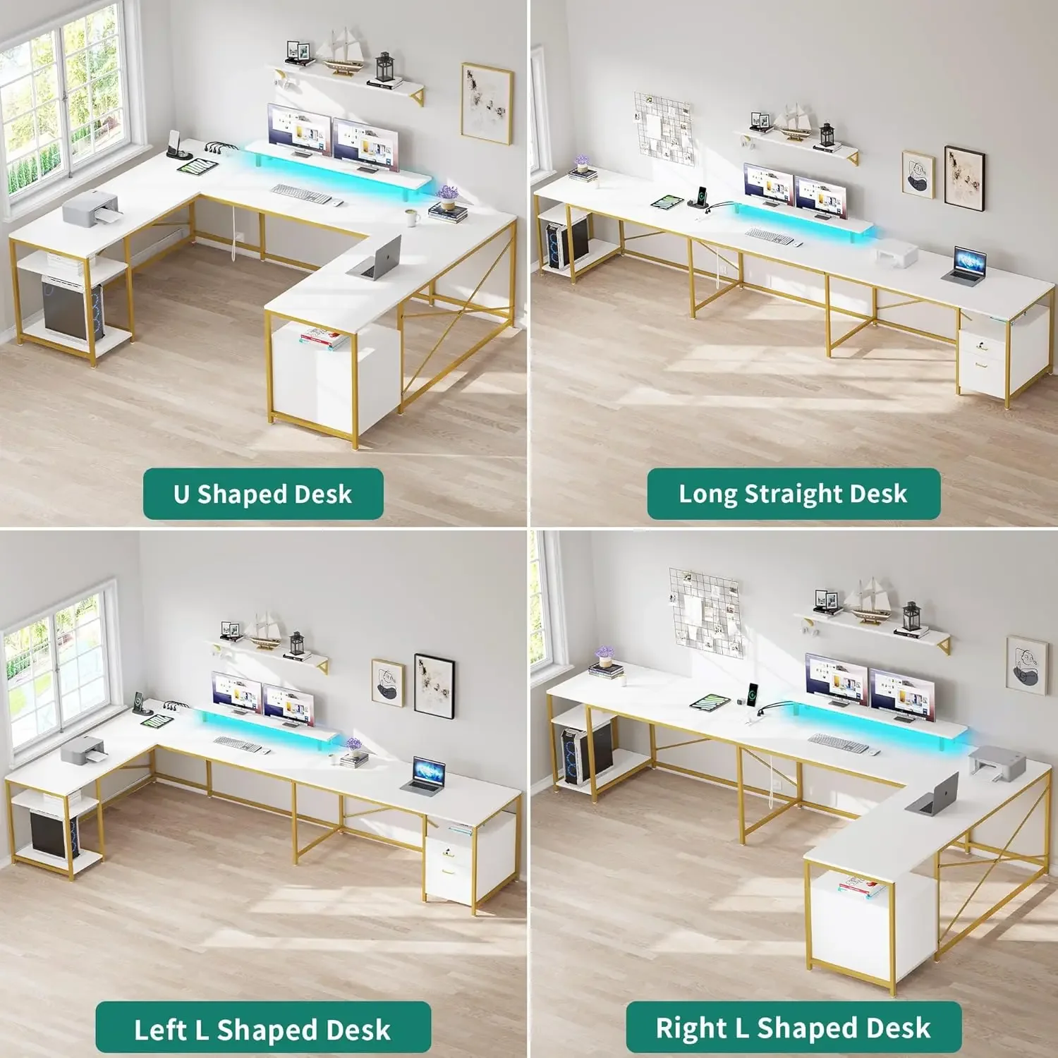 U Shaped Desk with Drawers, 79" Reversible L Shaped Desk with Power Outlets & LED Lights, Corner Computer , White & Gold