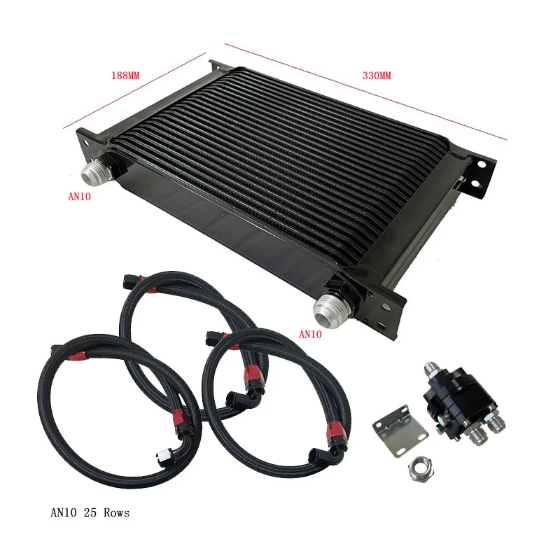 Universal Oil Cooler Kit 13-25 Rows Oil Filter Sandwich Adapter + Nylon Stainless Steel Braided An10 Hose
