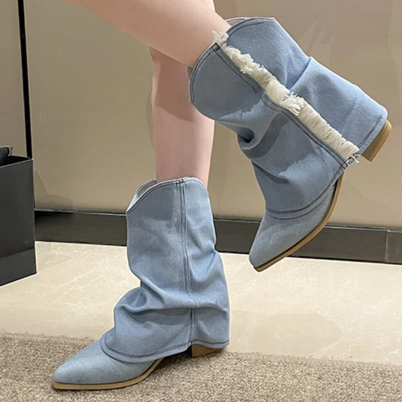Autumn Chunky Heel Shoes for Women 2023 New Fashion Denim Fabric Women's Western Cowboy Boots Pionted Toe Ladies Mid Calf Boots