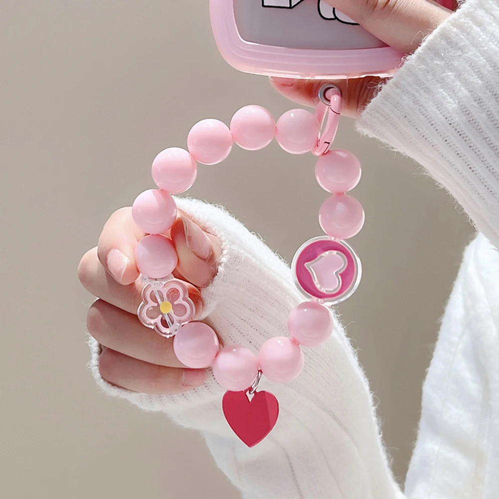 Love Heart Flower 휴대폰 랜야드 짧은 손목 스트랩 팔찌 비즈, 핸드메이드 펜던트, 휴대폰 참, 분실 방지 키체인 코드
