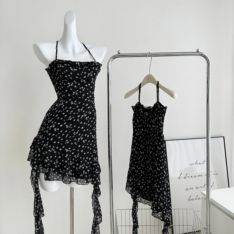 

Summer Floral Dress for Women 2023 New Fashion Vintage Asymmetrical Mini Dress Chic Elegant Spaghetti Strap Lace-up Sexy Dresses