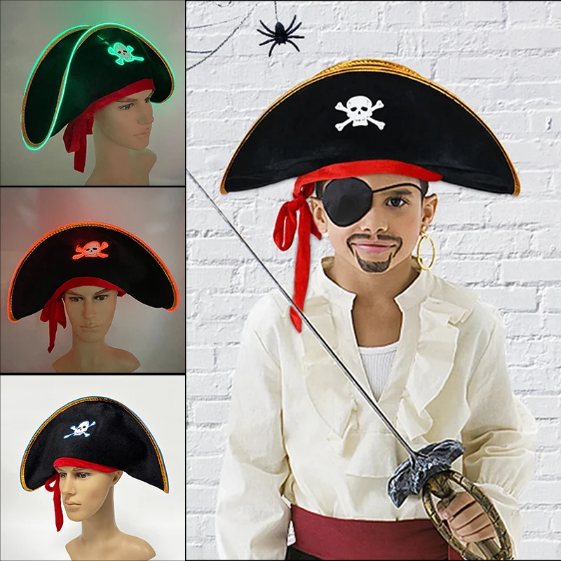 Wireless LED Flashing Adults Pirate Hats Caribbean Pirate Clothing Cap Skull Eye Patches Cosplay Dance Halloween Props
