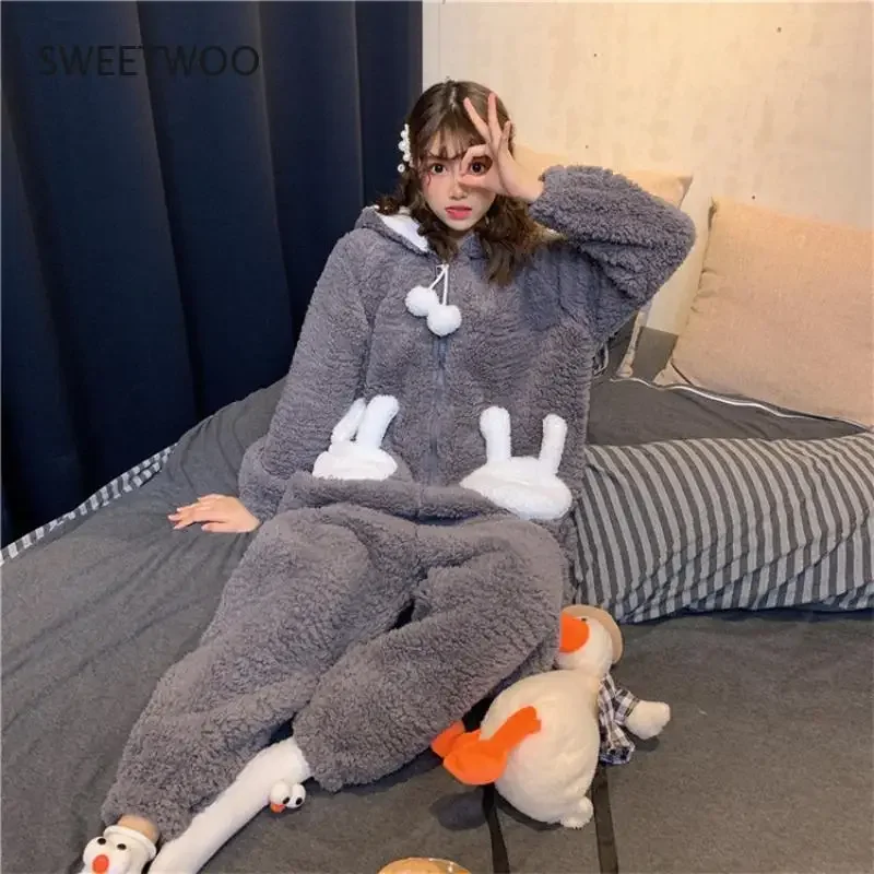 Winter Thicken Onesie Pajamas Women Warm Plush Kawaii Animal Rabbit One Piece Cosplay Bunny Homewear Sleepwear Jumpsuit Costume