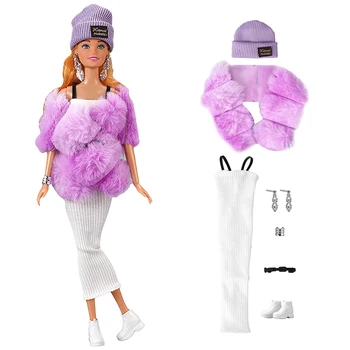 1 Set Fashion Clothes For Barbie Doll White Modern Skirt Purple Shawl Shoes Hat Jewelry For Girl’s 1/6 BJD Doll Accessories