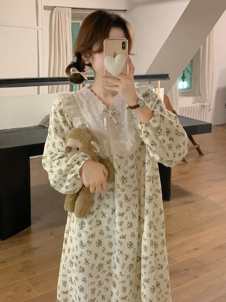 Lace Soft Floral Girlish Style Spring Sweet Long Sleeve NightDress Printing Flowers Elegant Casual Pajama Set Princess Sleepwear