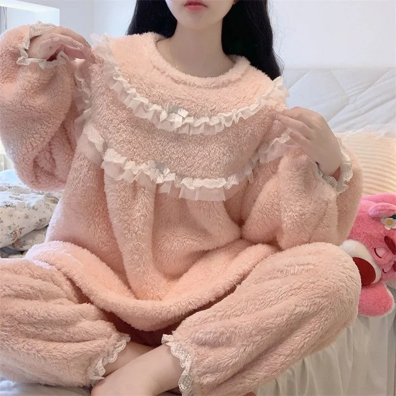 French Super Sweet Girl Coral Velvet Pullover Nightgown Female Autumn and Winter New Foreign Style Sweet Girl Warm Home Set