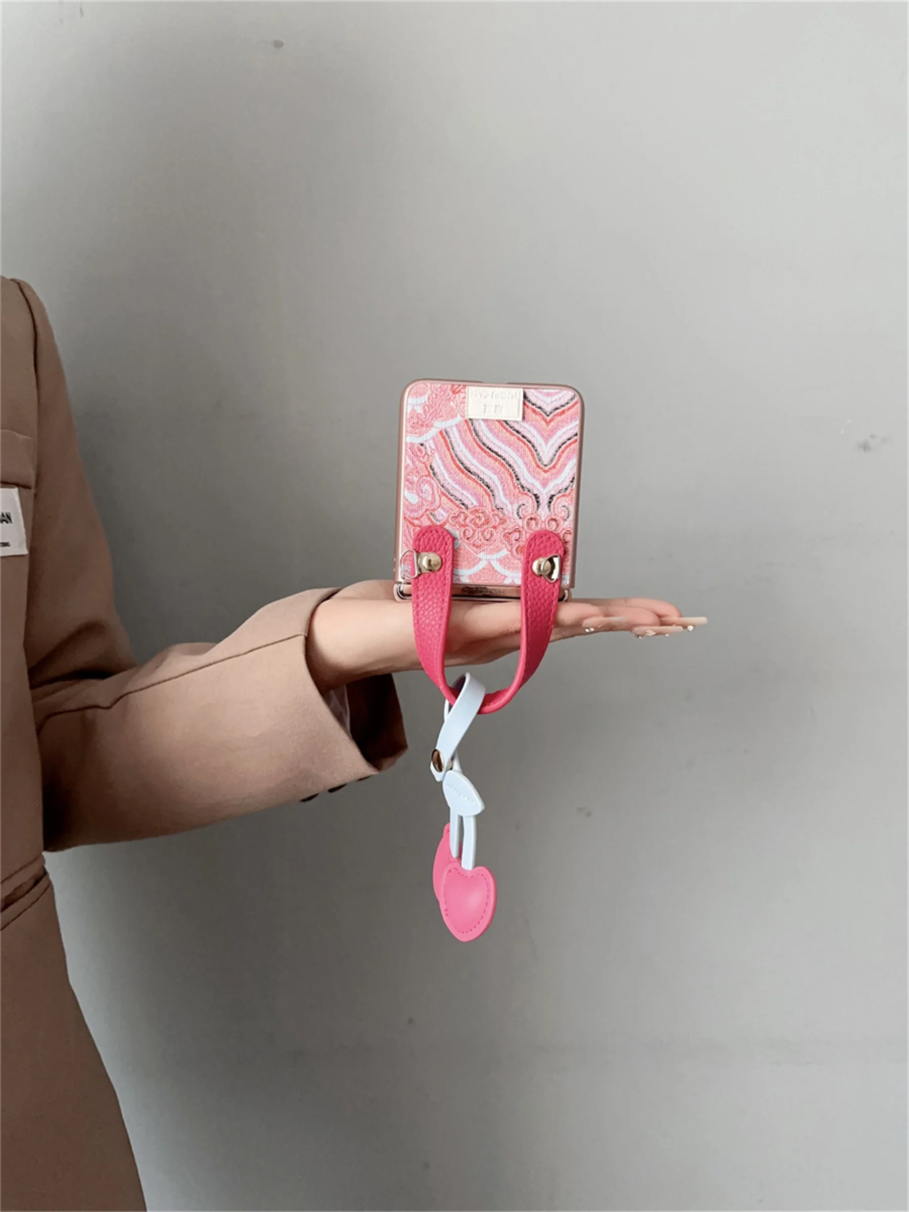 Embroidered Suspicious Clouds Cherry Pendant Phone Case with Anti-Loss Back Cover