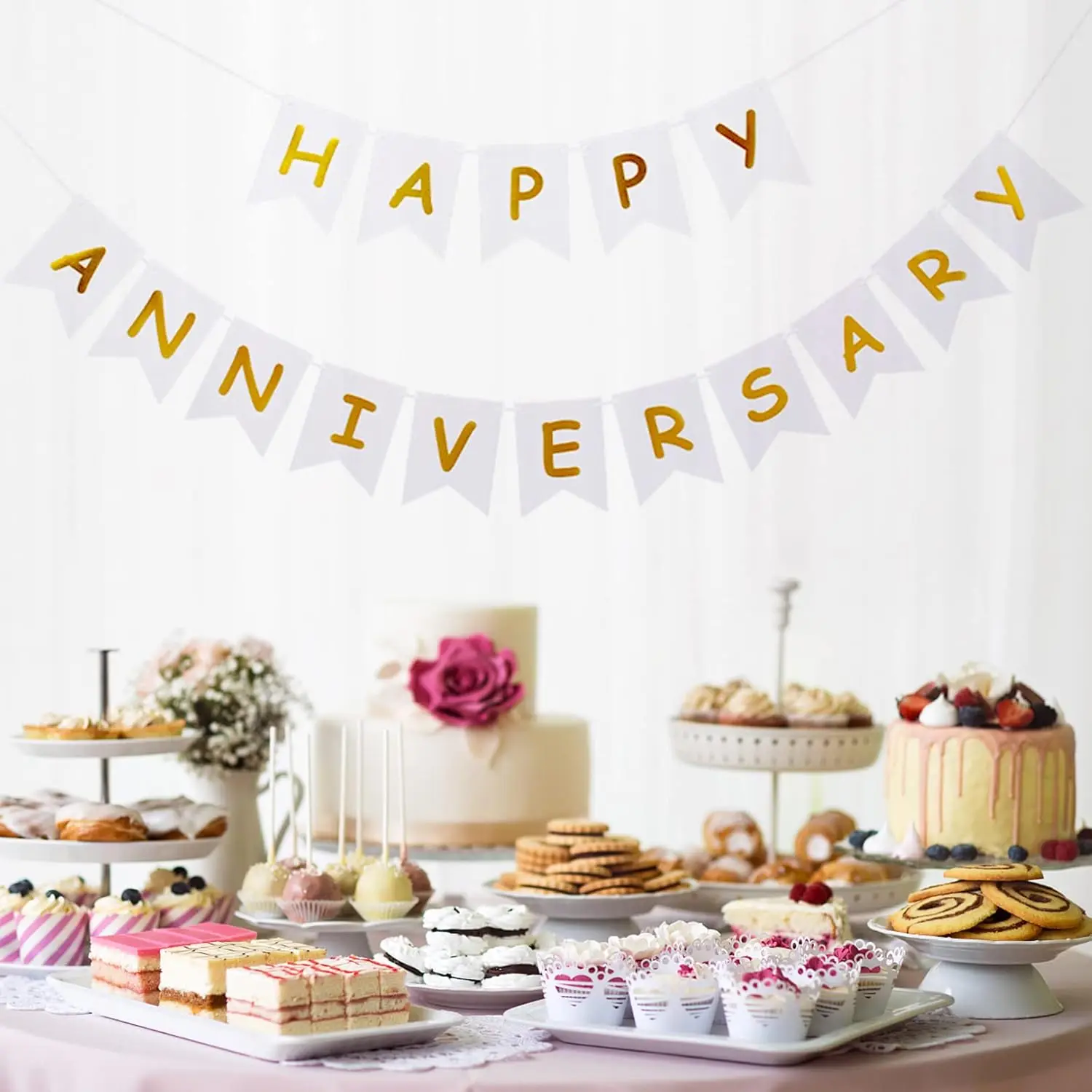 Happy Anniversary Banner Pink & Gold Paper Bunting Sign Anniversary banner wall hanging decor