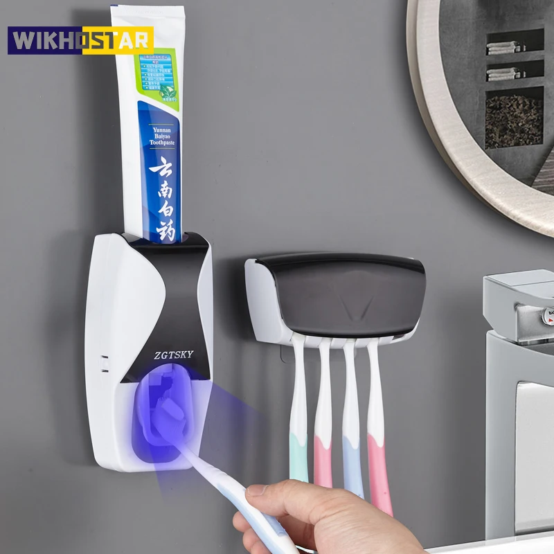 

Toothbrush Holder Automatic Toothpaste Dispenser Set Dustproof Sticky Suction Wall Mounted Toothpaste Squeezer for Bathroom