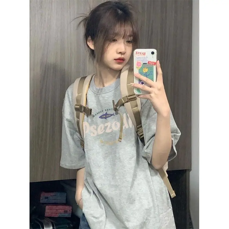 

100% pure cotton Chinese trendy t-shirt for women Korean retro shoulder top loose trendy summer versatile couple short sleeves