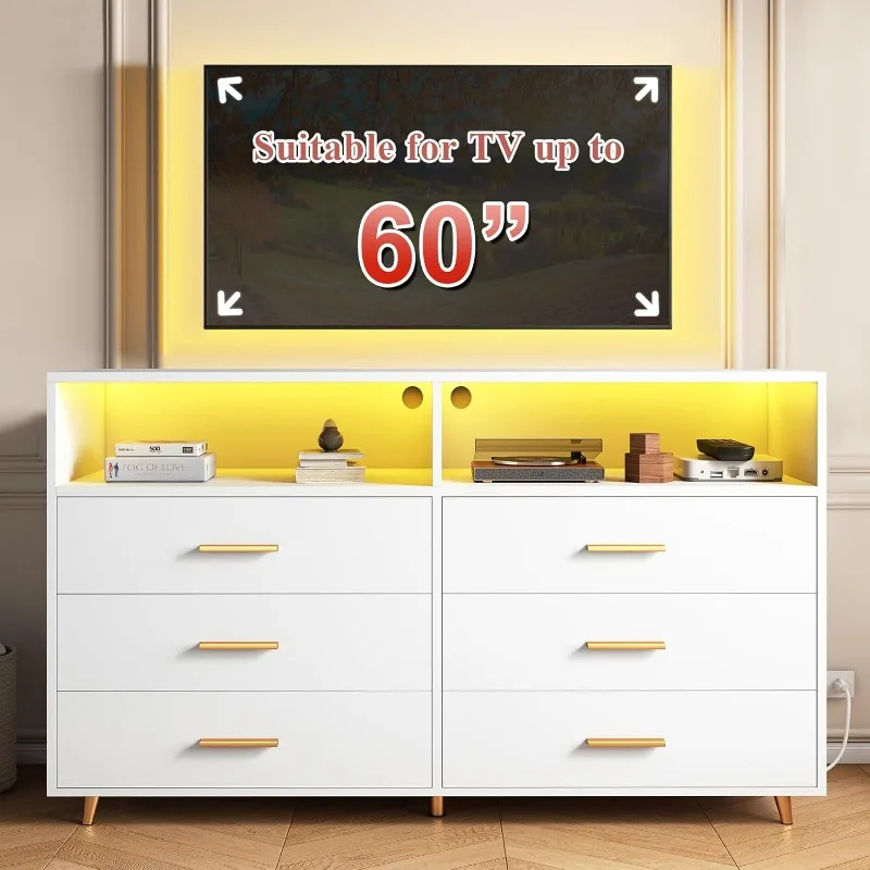 Dresser for Bedroom, White Dresser with LED, Chests of Drawers, 6 Drawers & 2 Shelves for Bedroom
