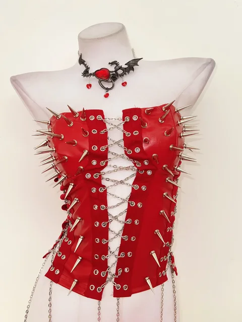 Red Lace Up Spikey Corset Top 5